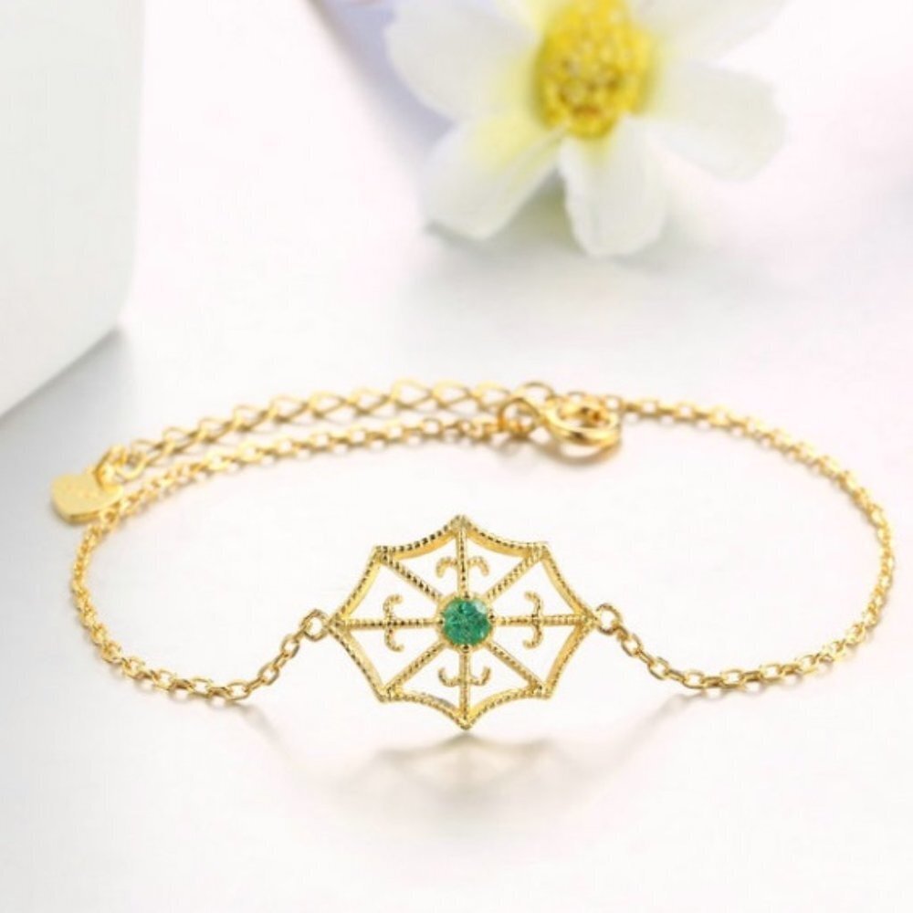 Jewelry bracelet dainty green emerald May birthstone yellow gold tone 925 silver